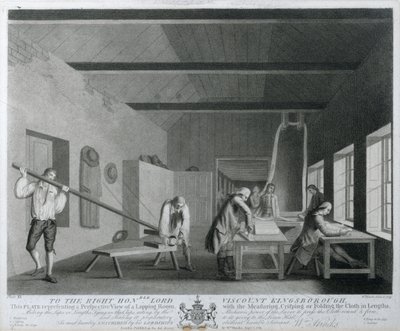 Vista en Perspectiva de una Sala de Lapeado con la Medición, Rizado o Doblado de la Tela en Longitudes, placa XI de La Manufactura de Lino de Irlanda, 1783 de William Hincks